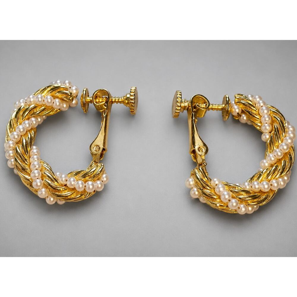 Vintage Hoop Clip On Earrings Gold-tone &‎ Faux pearl 1" Adjustable Retro wc-63
